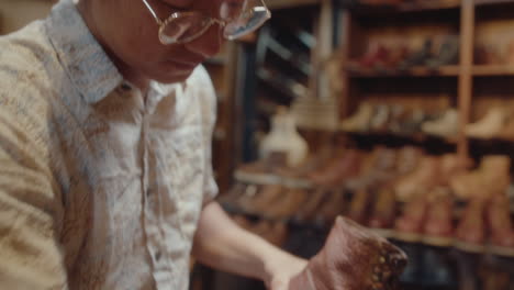 asian cobbler polishing old leather boots in workshop