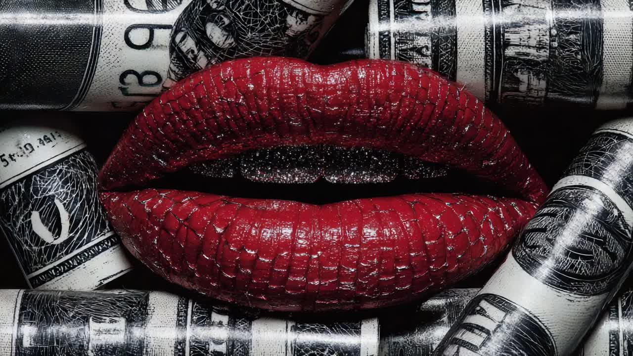 An Artistic Representation of Opulence Captured Through Bold Red Lips Against a Backdrop of Curled Currency, Symbolizing Wealth and Glamour in a Captivating Visual