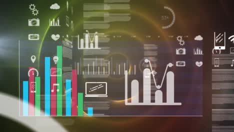 animation of statistical data processing against green and pink light trails in circular motion