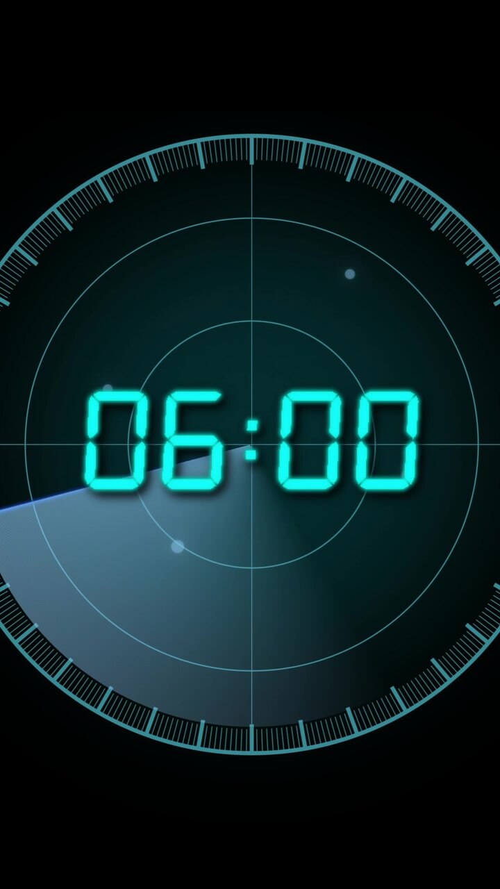 Animation of blue digital clock timer changing on circle over black background
