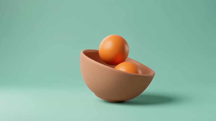 Two Orange Spheres Rolling and Falling from a Brown Bowl
