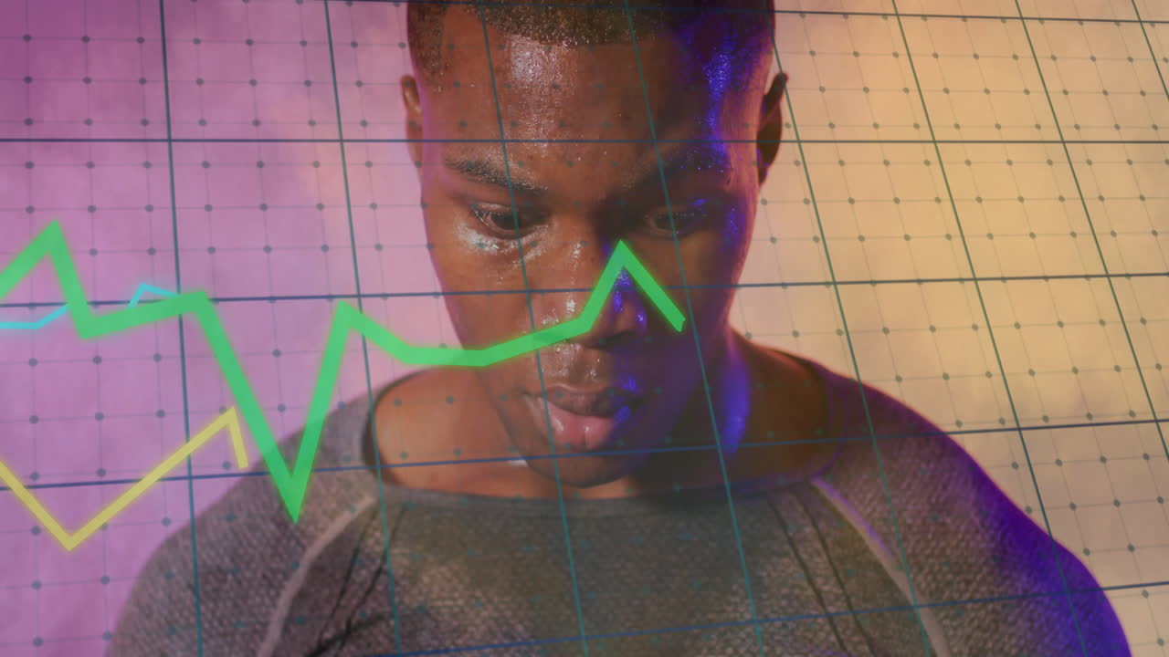 Green line graph animation over thoughtful man with colorful lighting