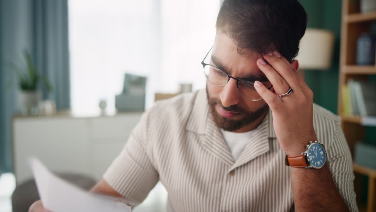 Stressed man looking at paperwork