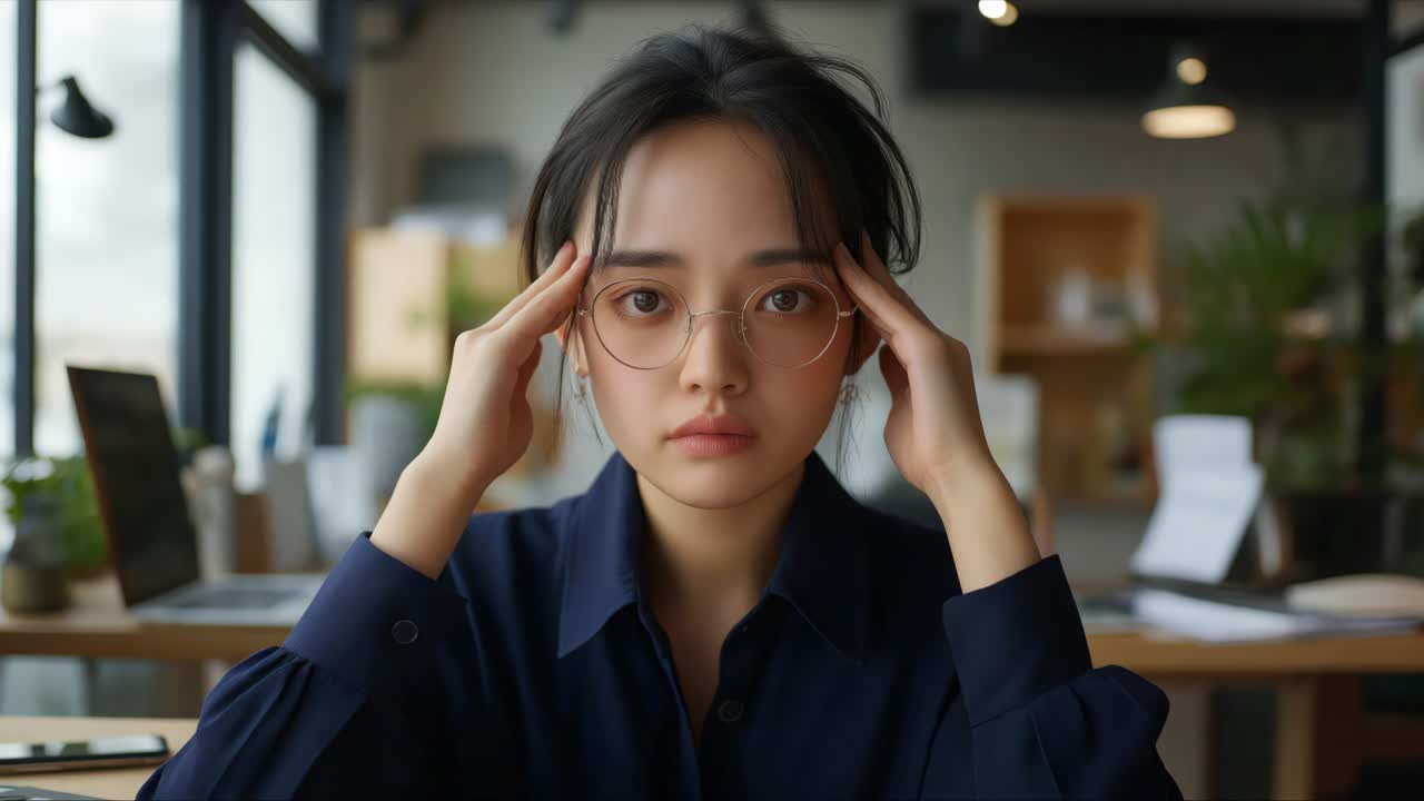 Pensive Woman Wearing Glasses in Office