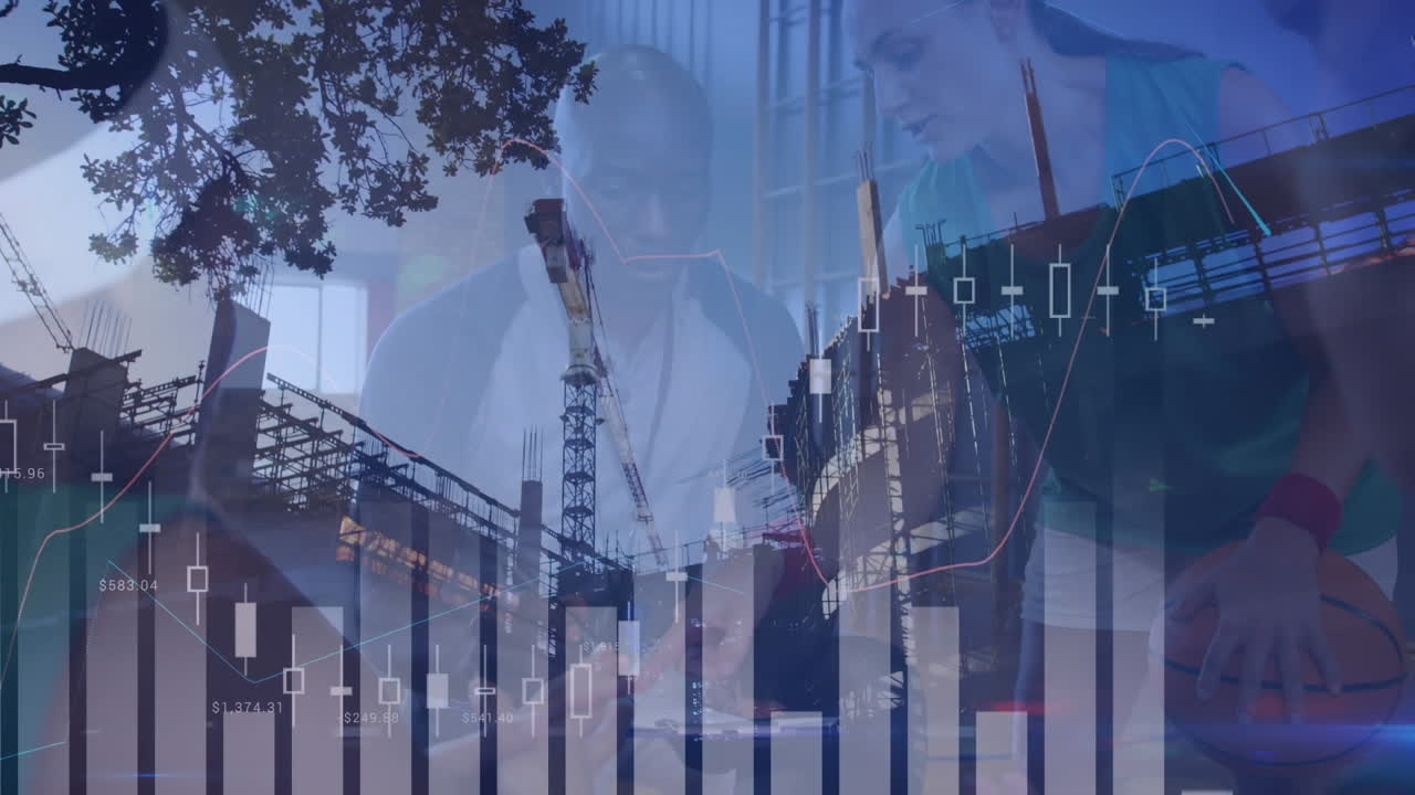 animación del procesamiento de datos en el sitio de construcción y diversos jugadores de baloncesto masculinos