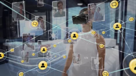 Animation-of-network-of-connections-with-icons-and-photographs-over-businesswoman-wearing-vr-headset