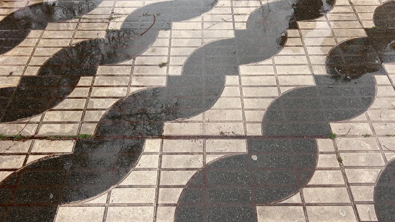 Wet cobblestone pavement with a pattern of puddles during the rain