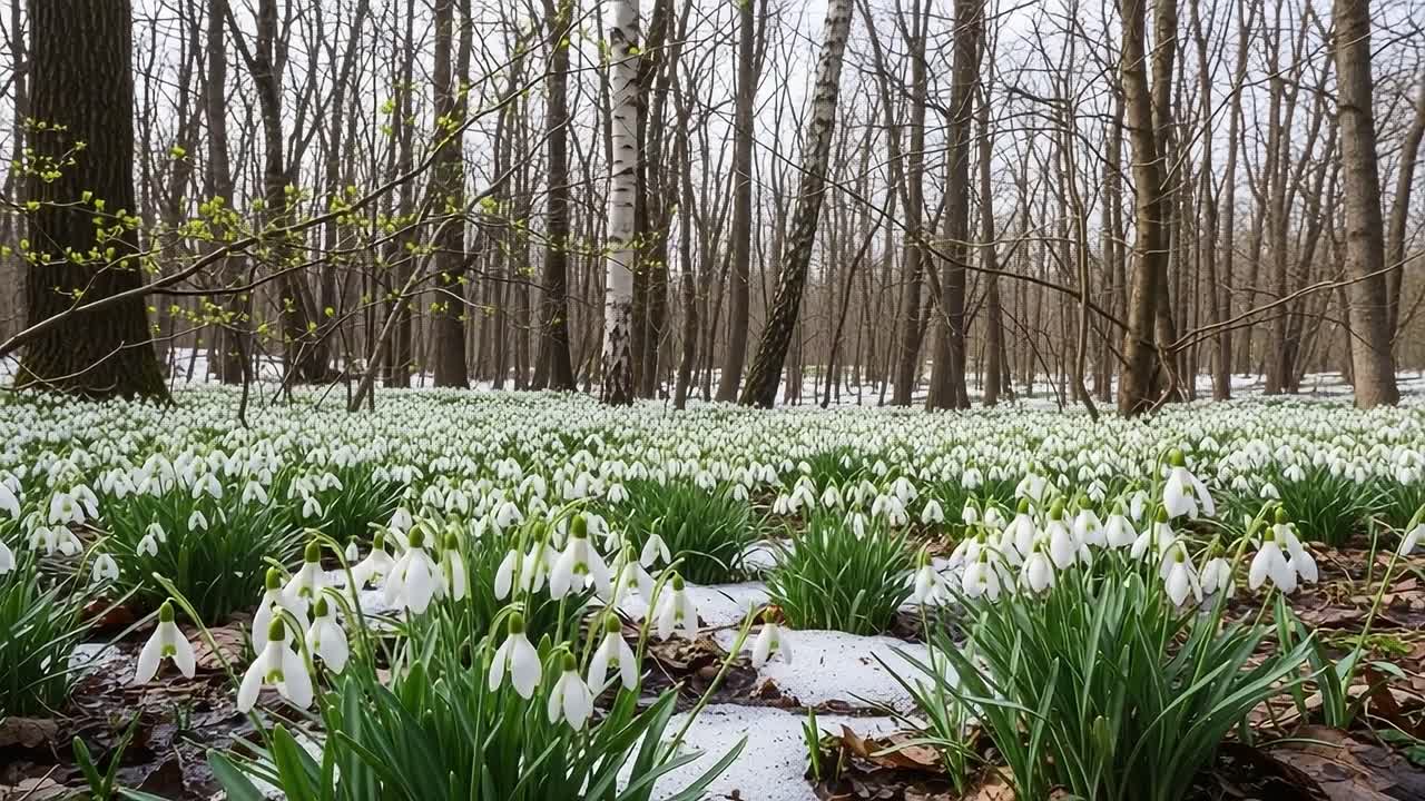A Tranquil Spring Landscape Featuring Snowdrop Flowers Blooming in a Serene Forest Setting, Showcasing Nature's Beauty and Renewal Amidst Remaining Snow