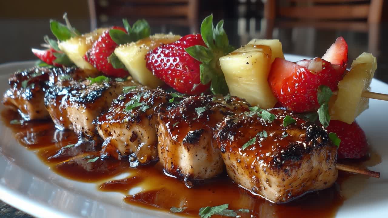 Exquisitas brochetas de salmón a la parrilla con piña y fresa, perfectamente glaseadas con salsa y hierbas frescas para una sabrosa experiencia culinaria.