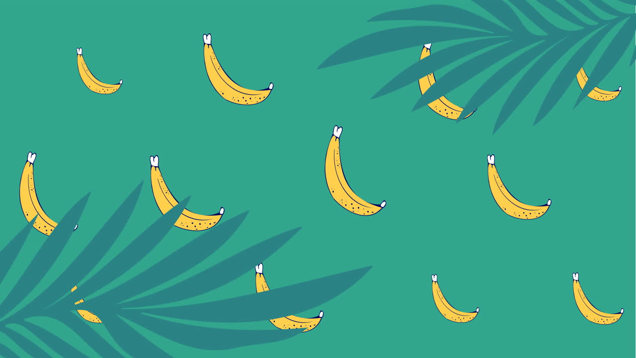 녹색 배경에 있는  잎 위에 을 는 노란색 바나나의 애니메이션