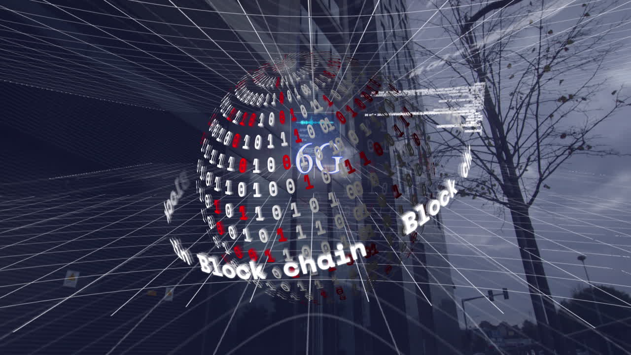 6g 텍스트, 지구, 도시 풍경에 대한 데이터 처리의 애니메이션