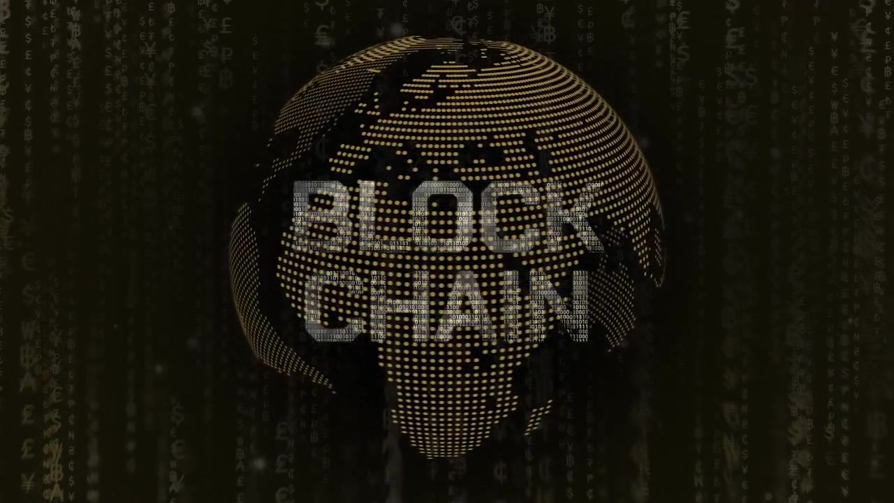 Blockchain text over digital globe with data matrix background