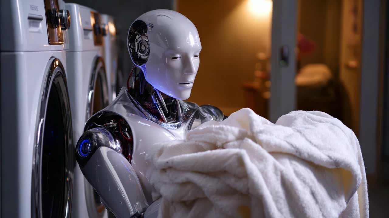 Un robot futuristico svolge le mansioni di lavanderia, mettendo in mostra tecnologie avanzate e assistenza nelle faccende domestiche quotidiane, incarnando l'innovazione nelle attività domestiche