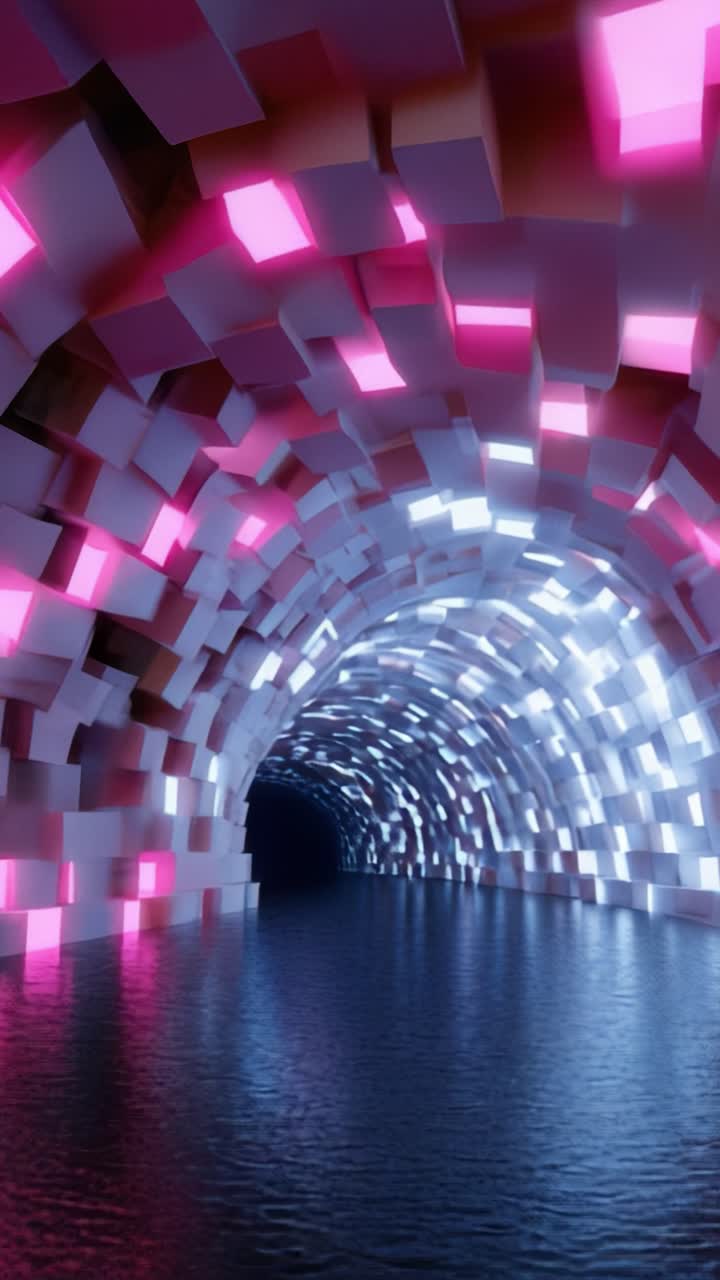 Un túnel futurista iluminado por vibrantes luces rosas y azules que se reflejan en la superficie tranquila del agua, creando una expresión de arte digital y ambiente.