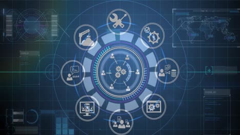 Animation-of-scope-scanning,-digital-icons-and-data-processing-with-world-map-in-background