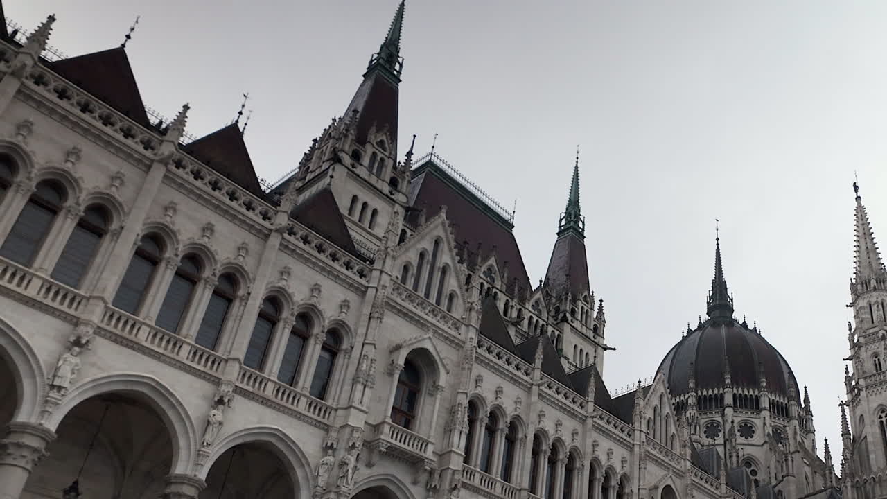 Low angle diagonal view of Hungarian Parliament Building in Budapest