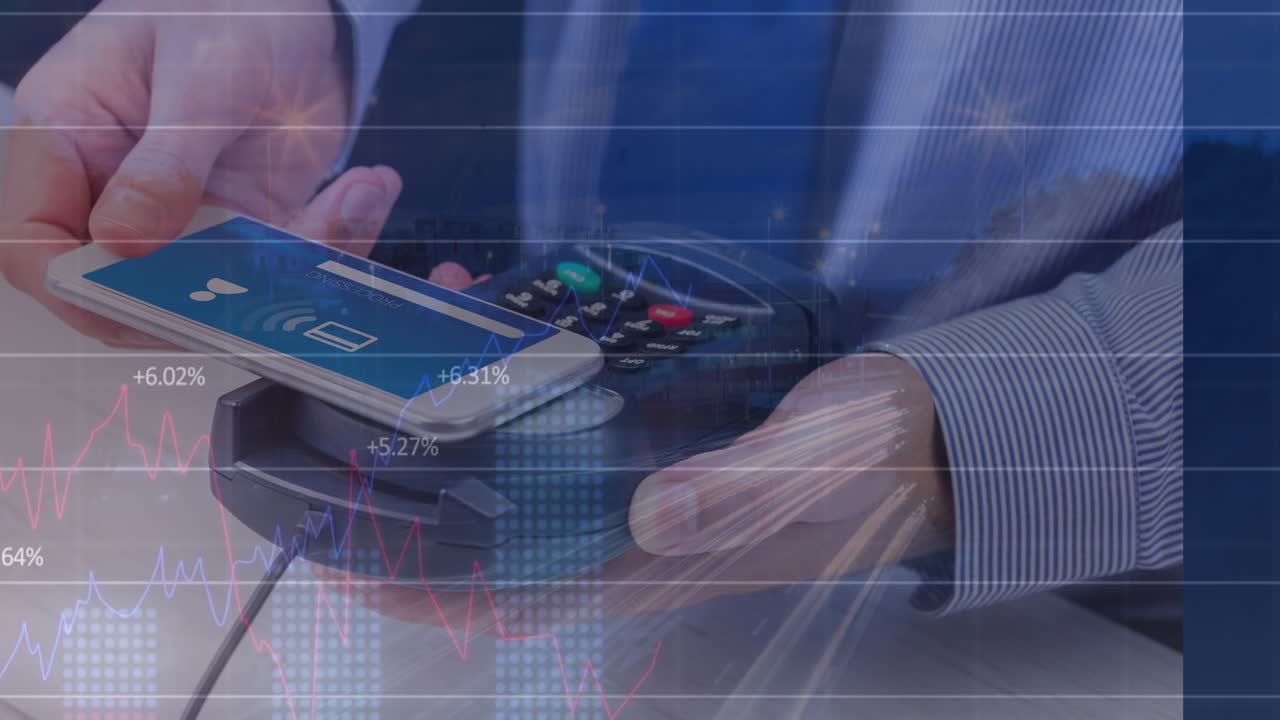 Animation of financial data processing over man with smartphone and payment terminal