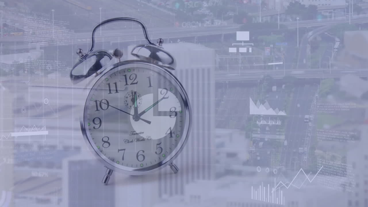 Animation of alarm clock moving fast over statistics and cityscape