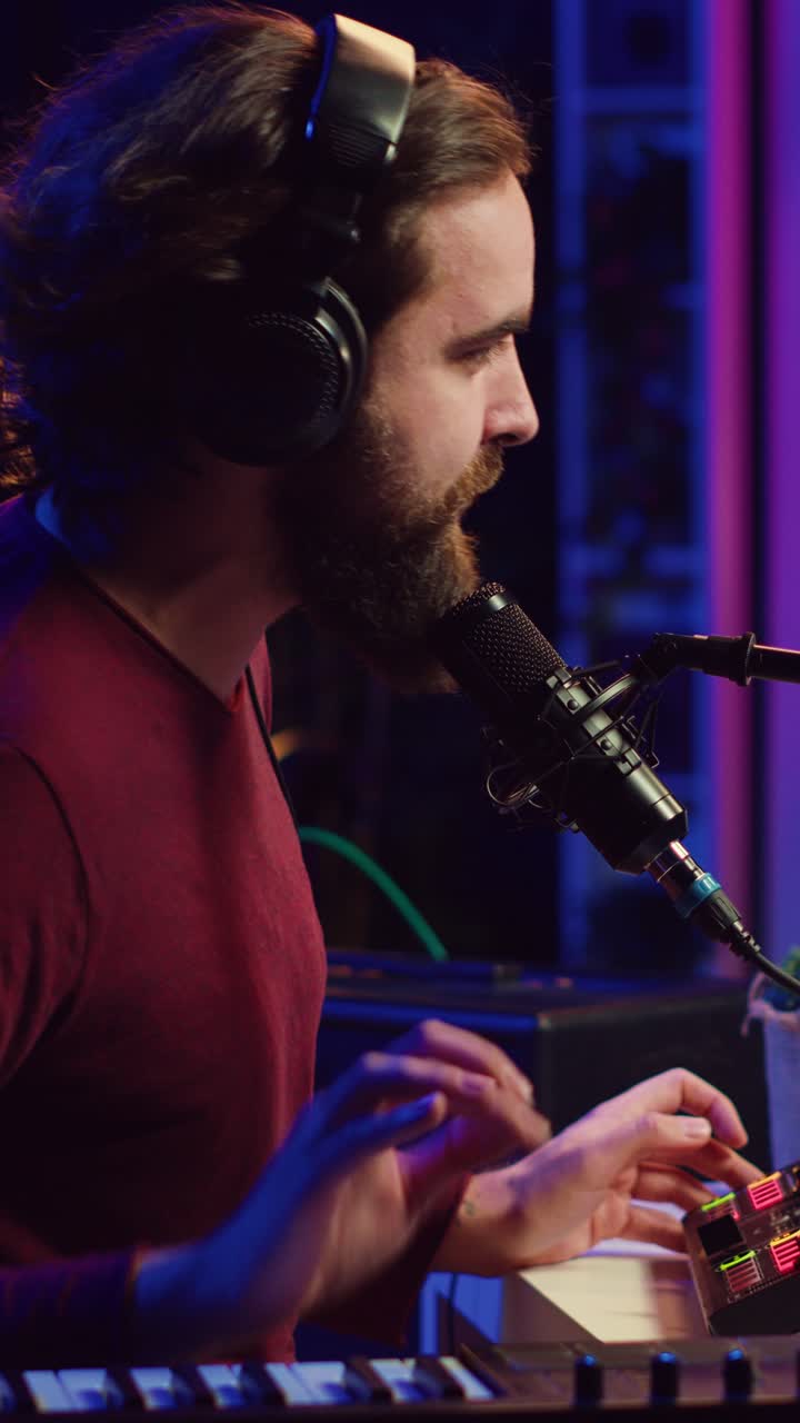 Uomo barbuto che canta in un microfono in uno studio di registrazione musicale