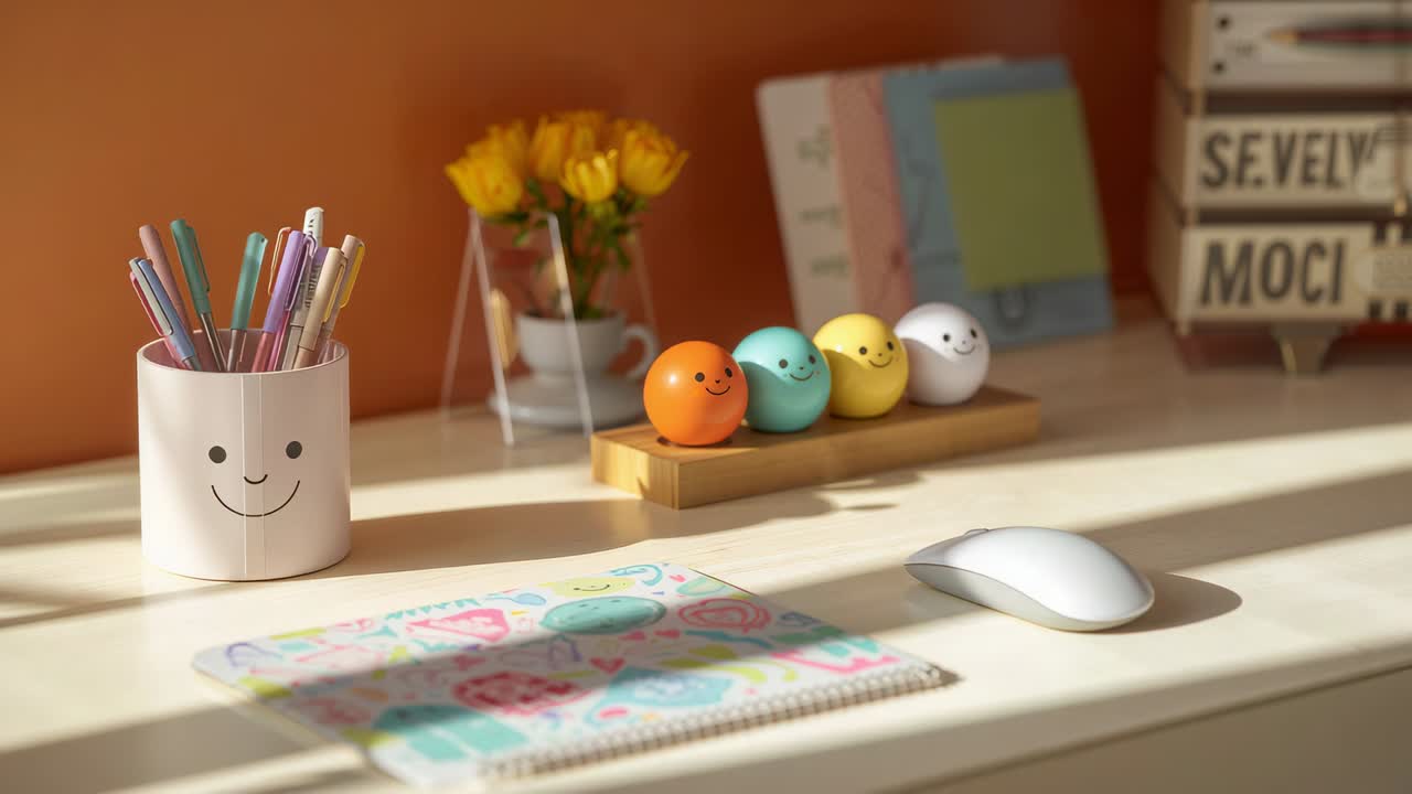 Sweeping light driving camera panning, focusing on four smiling figures at warm desk, showing vase