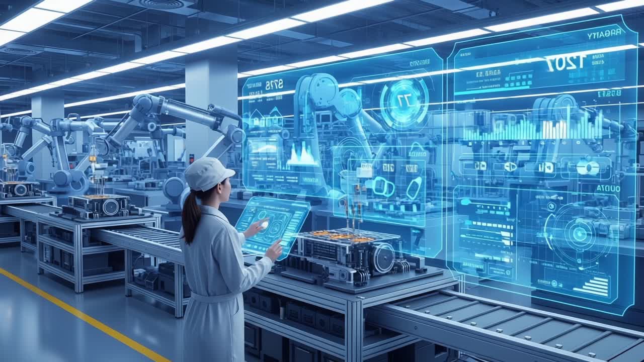 Advanced Robotics in Modern Manufacturing: A Worker Interacts with a High-Tech Display Showcasing AI and Automation Operations in a Futuristic Production Line
