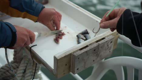 fisherman cuts fish and puts bait on hook