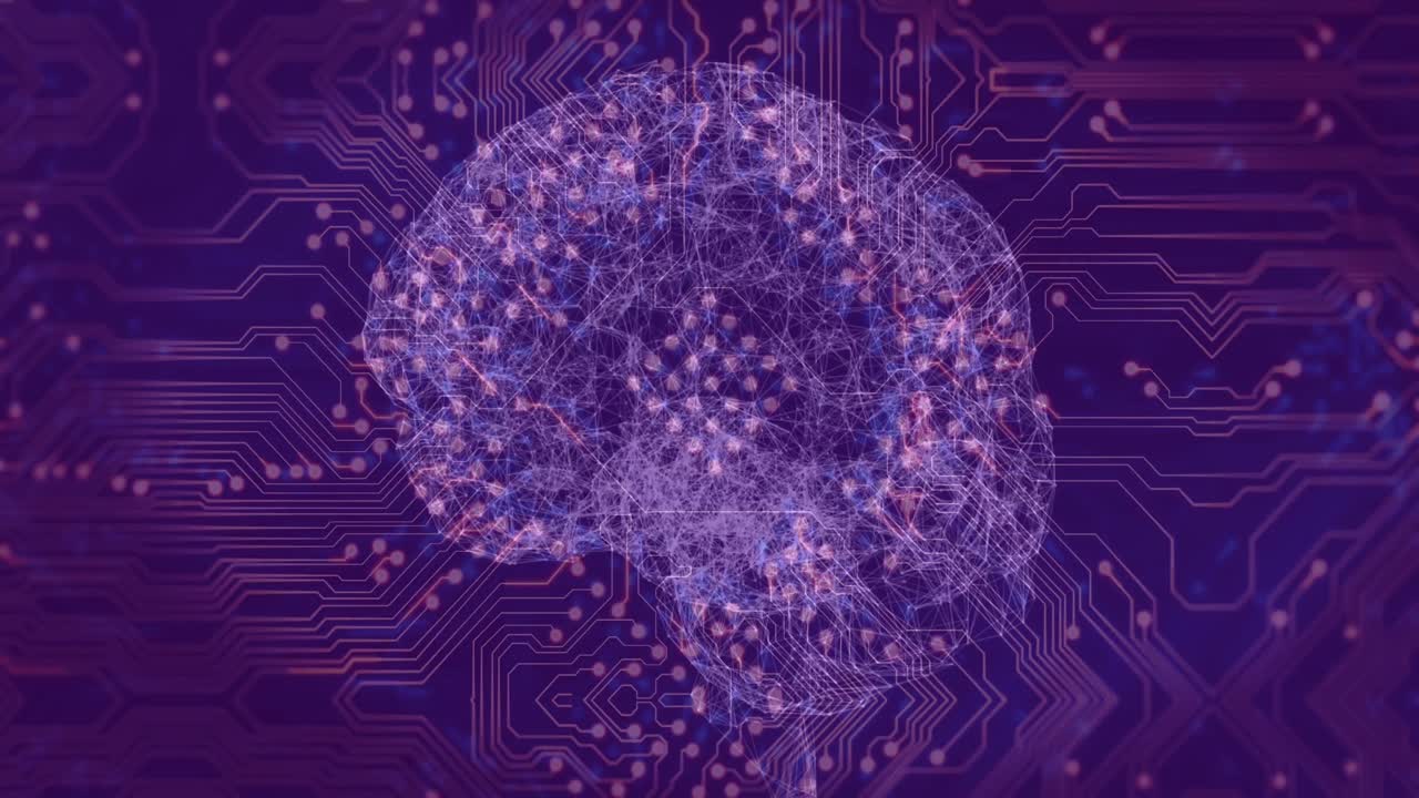 animación de un cerebro digital sobre una placa de circuitos de computadora sobre un fondo púrpura