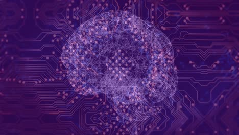 Animation of digital brain over computer circuit board on purple background