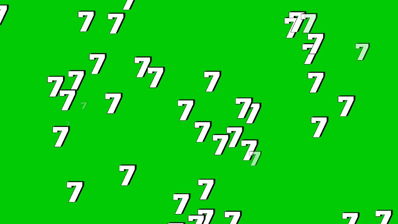 Animated numbers 7 falling vertically like rain on a green screen background. Perfect for video editing, VFX, and motion graphics. Seamless loop included for continuous use video element