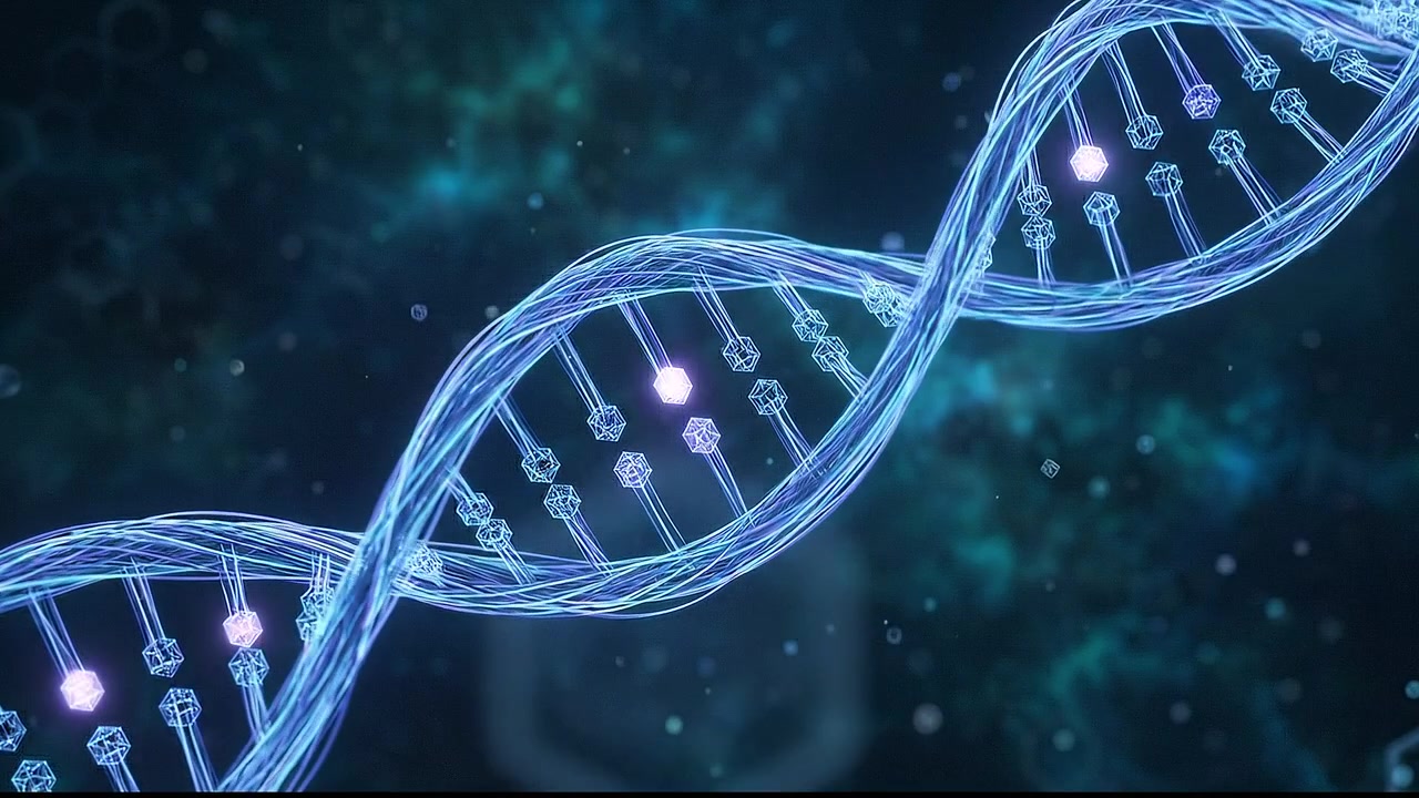 Filamento di DNA a doppia elica che ruota su uno sfondo tecnologico futuristico blu