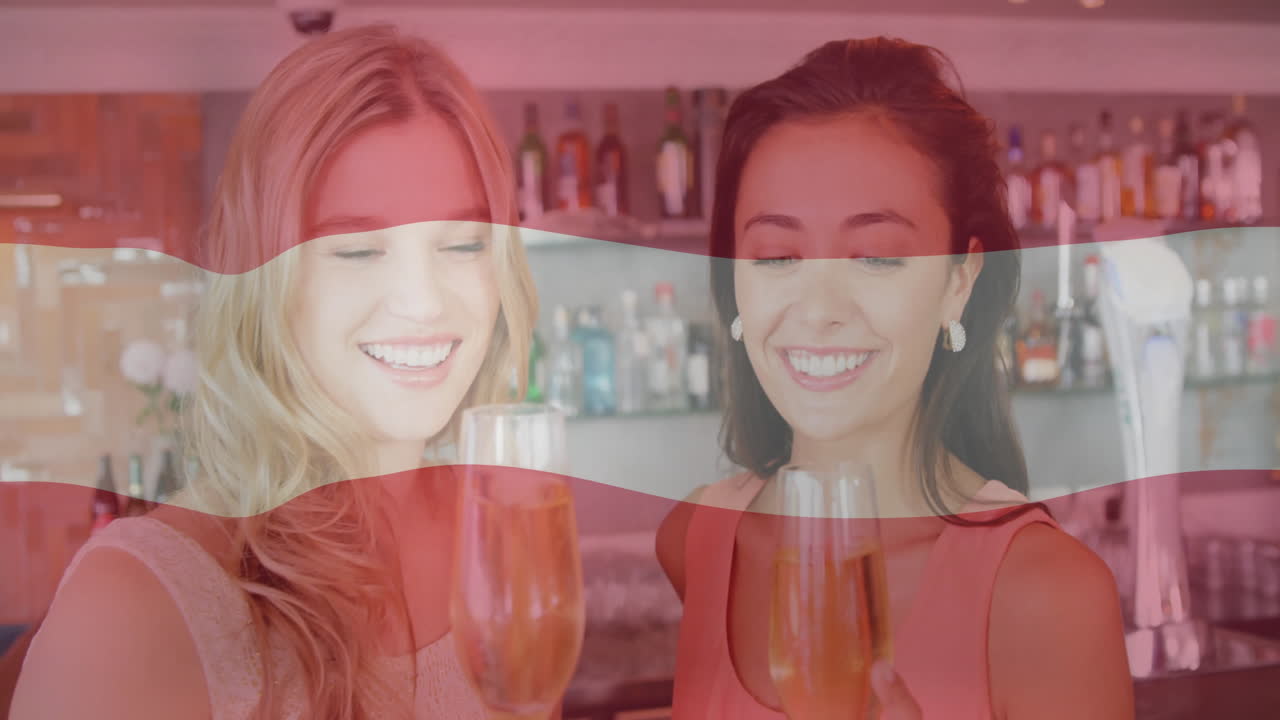 Toasting with champagne glasses, two women celebrating over flag colors animation