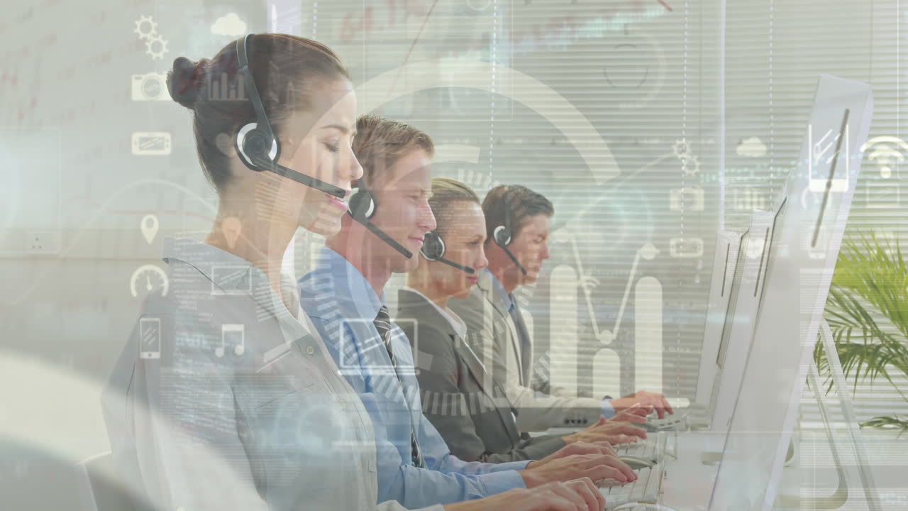 animación de estadísticas y procesamiento de datos sobre personas de negocios que usan auriculares telefónicos