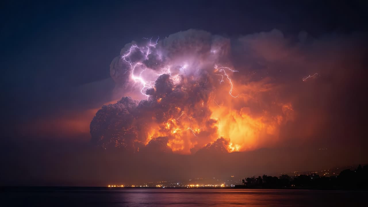 Ein dramatischer Vulkanausbruch in der Nacht: Zeigt die intensive Kraft der Natur, während Flammen, Rauch und Blitze den dunklen Himmel und die Landschaft erhellen.
