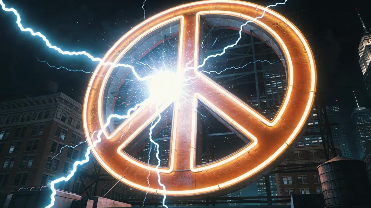Un fulmine colpisce un grande simbolo della pace sul tetto durante una tempesta, facendo sfarfallare i tubi al neon.