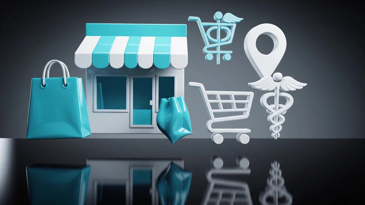 Conceito Moderno de Vitrine Digital Apresentando Elementos de Compras e Símbolos Médicos em um Ambiente Elegante e Contemporâneo com Superfície Refletora