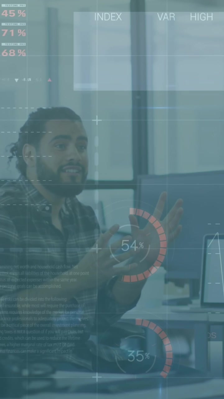 Animation of financial data processing over diverse business people