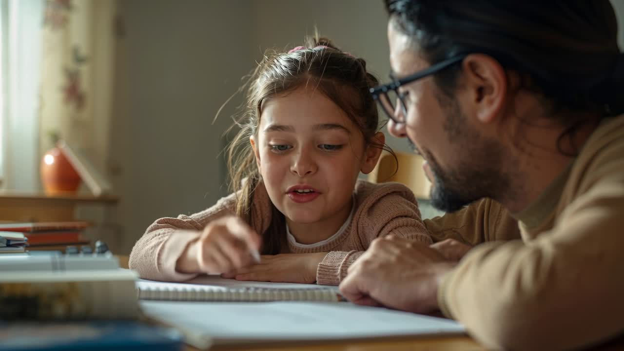 Figlia con maglioncino chiaro che guarda in alto, indica e scrive al tavolo di casa; il padre si china, guidando il quaderno.