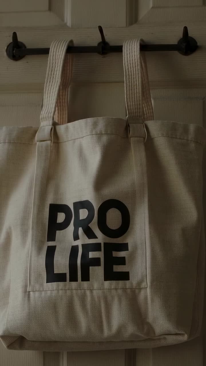 Video verticale: registrazione con fotocamera che cattura una tote bag beige appesa a ganci sulla porta con la scritta PRO LIFE