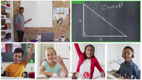 animation of six screens of diverse children, teacher and chalkboard during online maths lesson