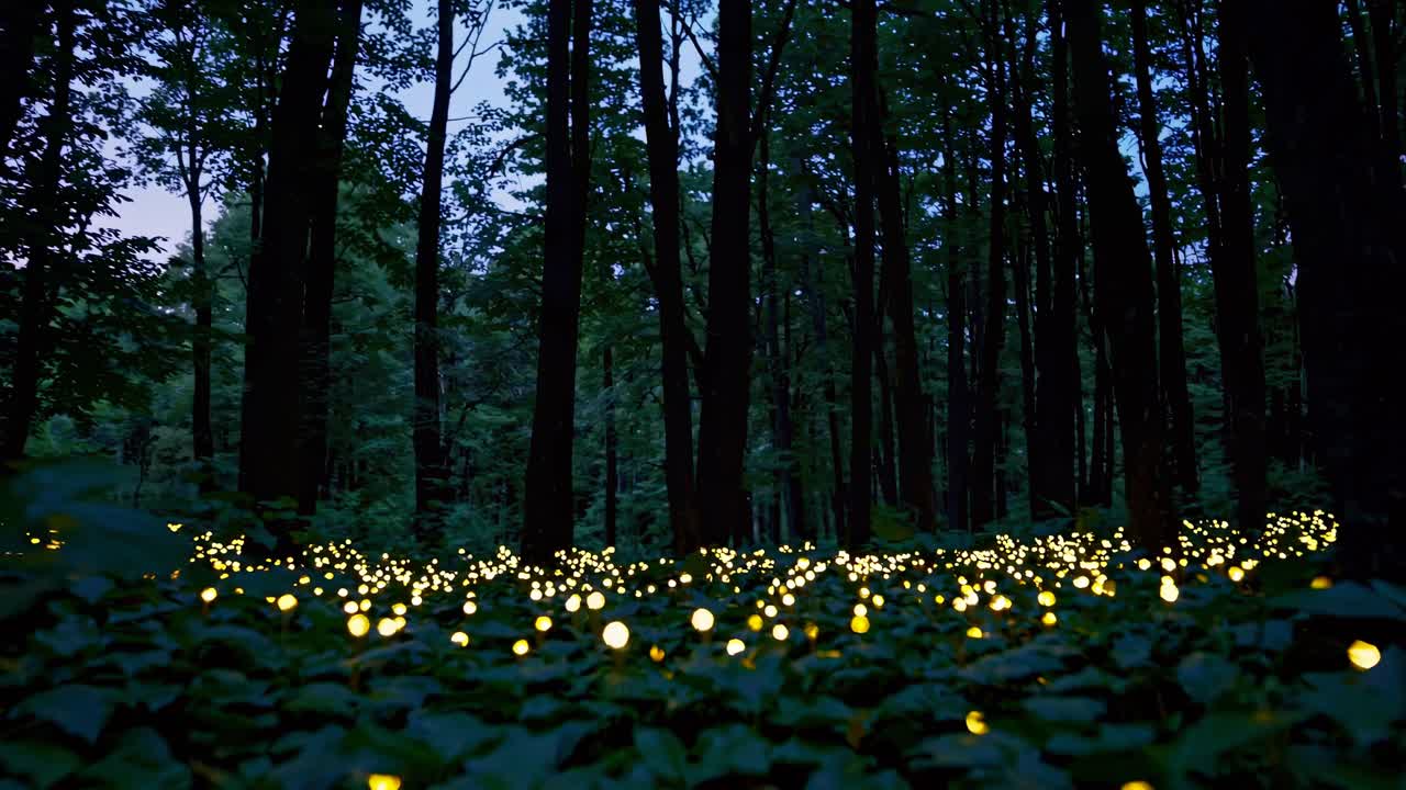 A serene video captures a low-angle view of a forest at dusk, with glowing fireflies