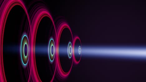 cuatro ruedas rosadas abstractas sobre un fondo azul oscuro en video 4k.