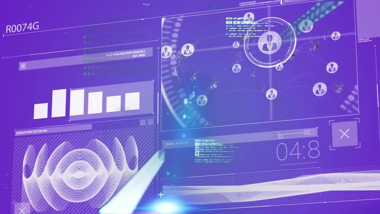 Cursor beam starting HUD, holographic interface animating radar, rotating avatars, updating metrics