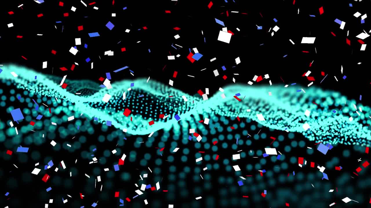 검은 바탕에 녹색 디지털 파도 위에 떨어지는 콘페티의 디지털 애니메이션