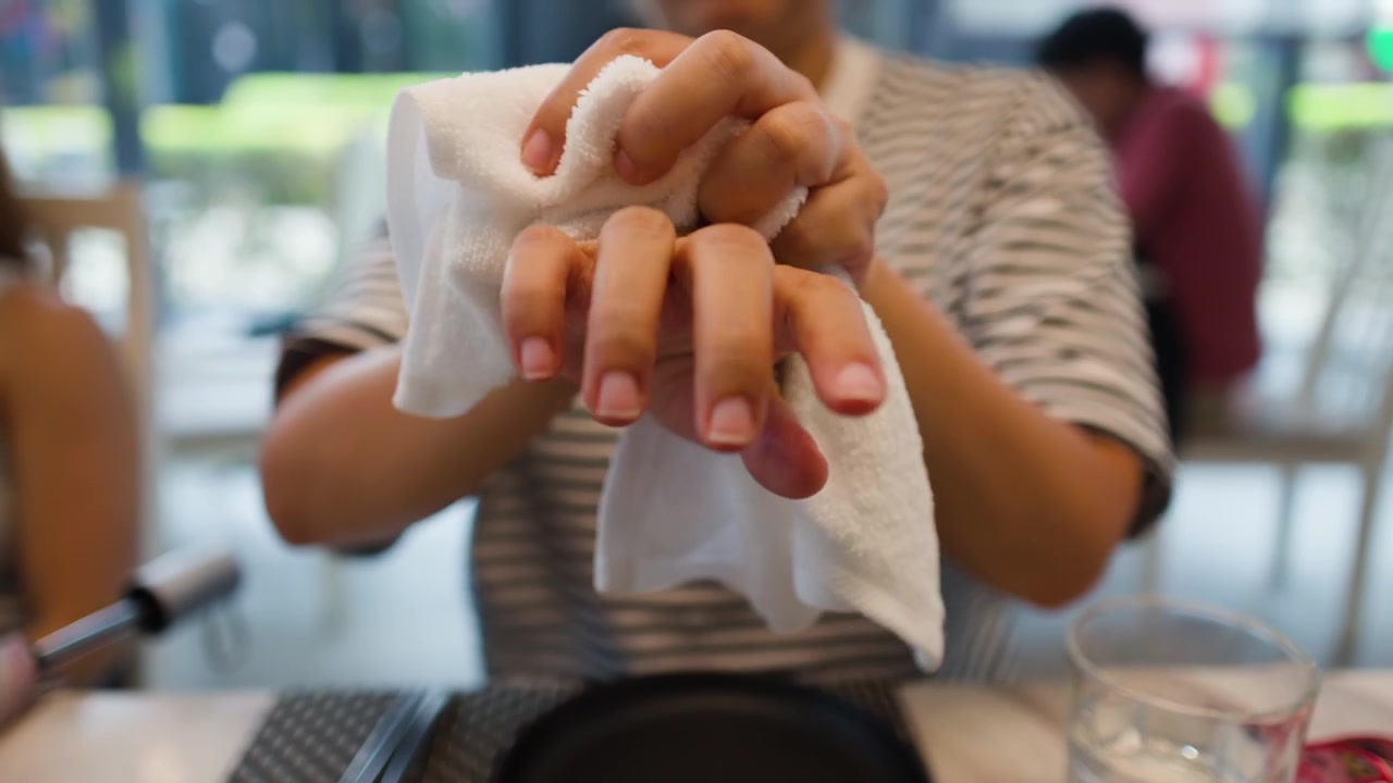 Nahaufnahme einer asiatischen Frau, die sich in einem Restaurant die Hände mit einem weißen Handtuch abwischt.