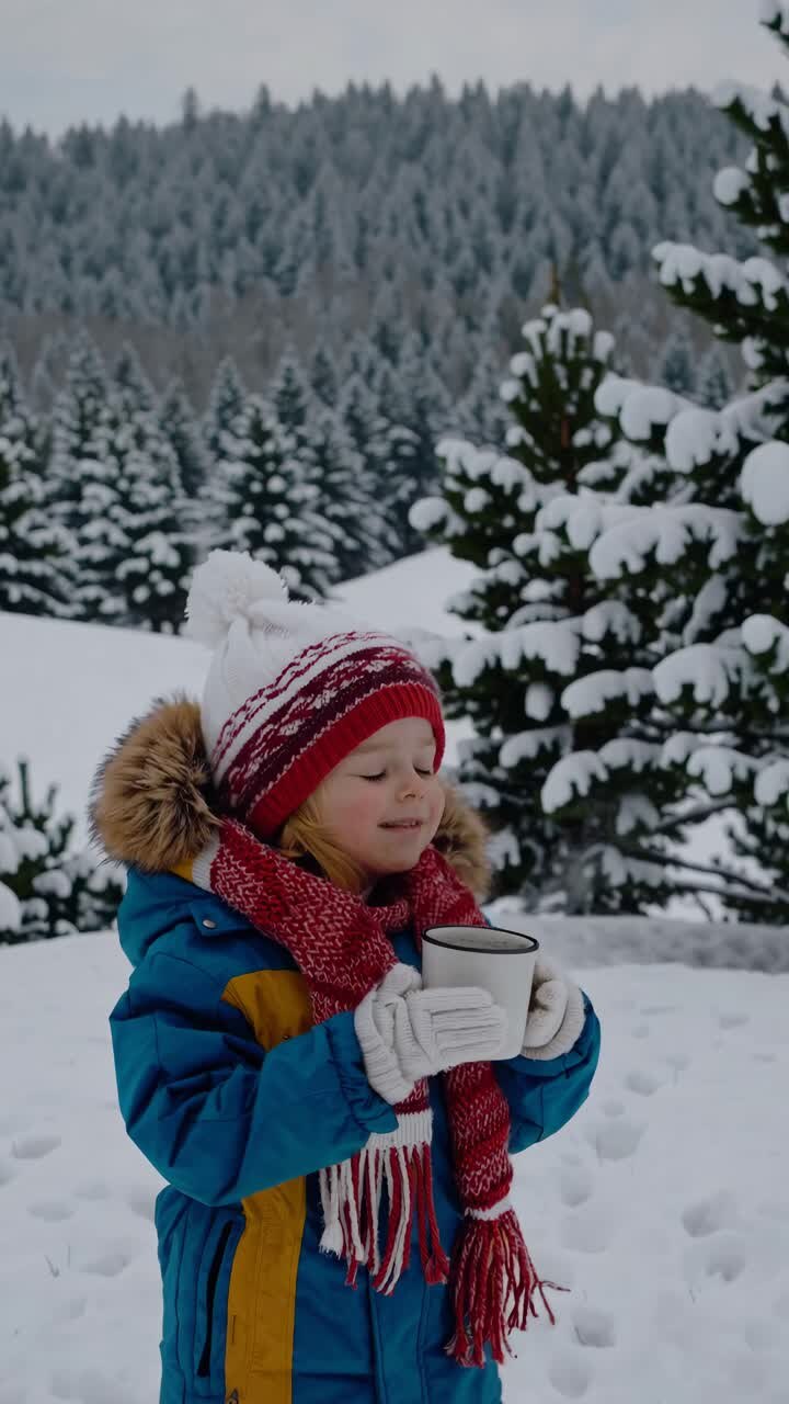 A child in winter attire drinks from a cup in a snowy forest. The video captures a low-angle view
