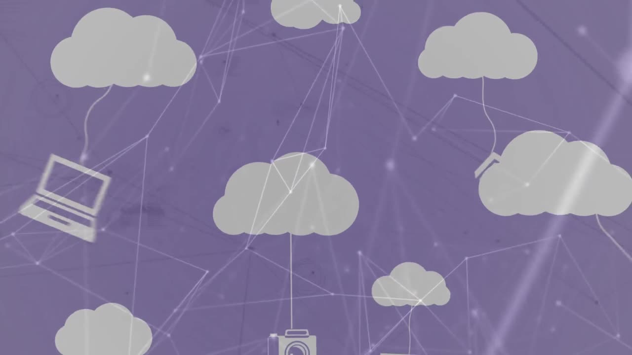 Animation of clouds and digital icons with network of connections