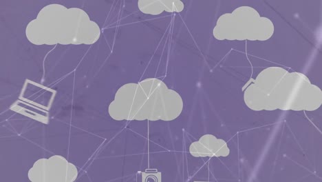 animación de nubes e iconos digitales con red de conexiones