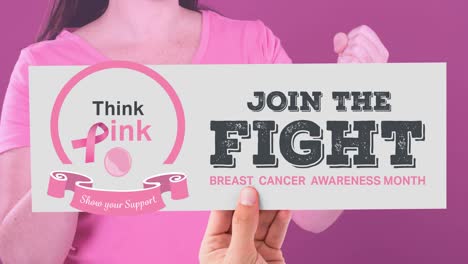 animation of breast cancer awareness text over caucasian woman