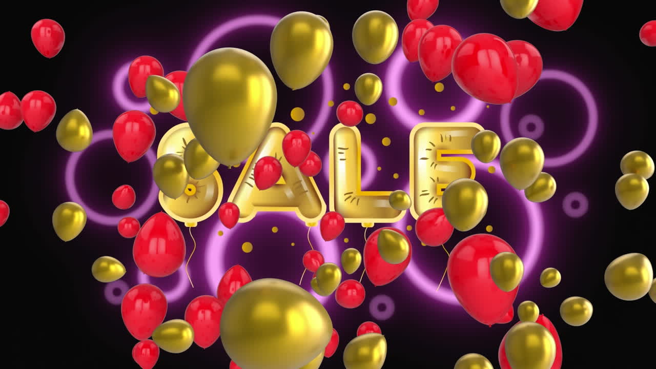 animación de venta de texto dorado, sobre círculos de neón rosados, con globos rojos y dorados en negro