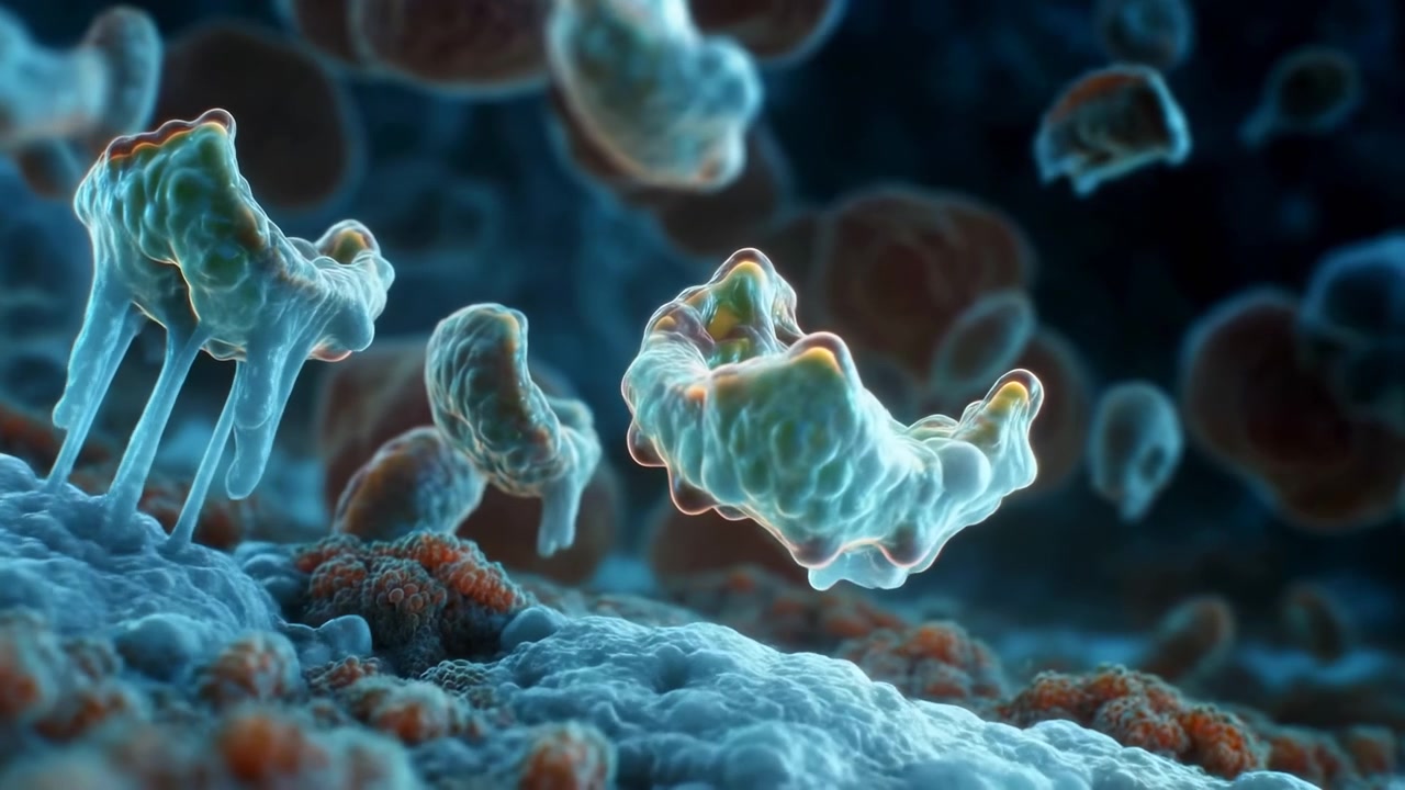 Gloeiende cellulaire structuren zweven boven een getextureerd biologisch oppervlak in een donkerblauwe microscopische scène, met zachte scherptediepte, zwevende deeltjes en een koele sfeer.